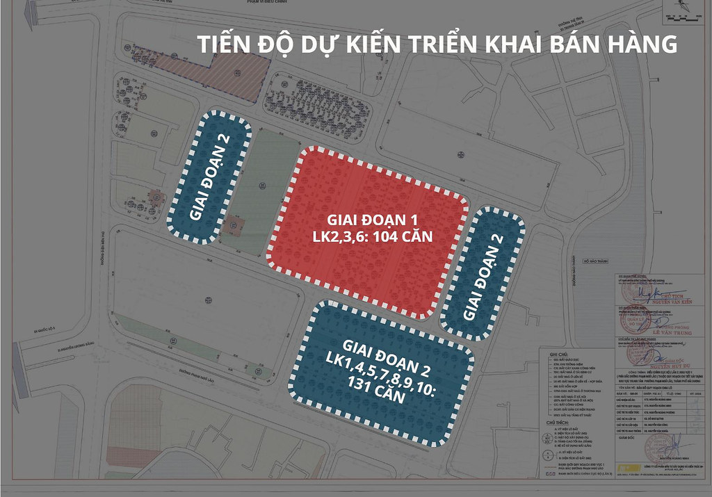 Sơ đồ tiến độ triển khai bán hàng dự án Sứ Heritage: giai đoạn 1 gồm LK2, LK3, LK6 với 104 căn và giai đoạn 2 gồm 131 căn còn lại