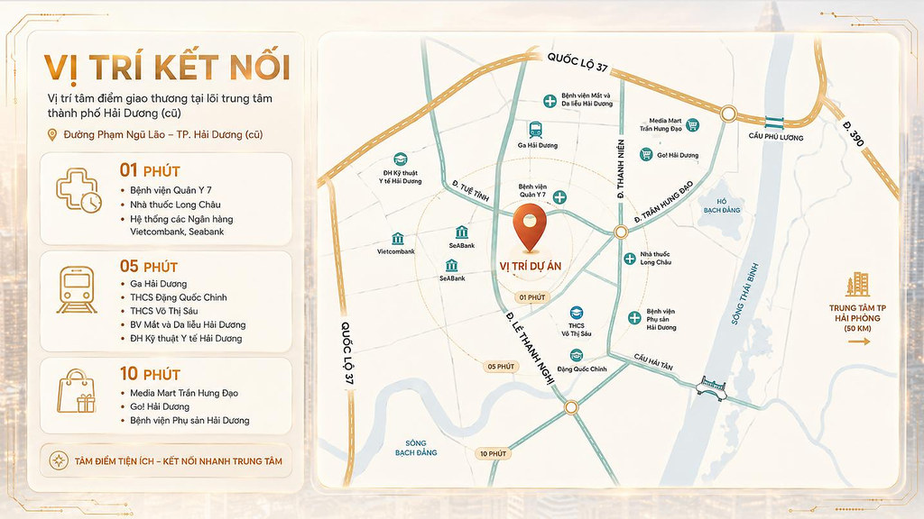 Sơ đồ vị trí và kết nối giao thông dự án Sứ Heritage tại phường Phạm Ngũ Lão, TP. Hải Dương — 1 phút tới Bệnh viện Quân y 7, 5 phút tới Ga Hải Dương, 10 phút tới Go! Hải Dương